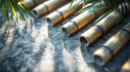 Fototapeta premium Golden Bamboo Pipes on Stone Pathway with Tropical Foliage
