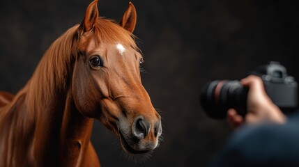 Obraz premium This striking image showcases a close-up portrait of a beautiful brown horse, highlighting its features against a dark background, creating a captivating visual experience for viewers.