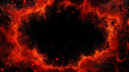 vibrant explosion of fiery red particles creates dynamic effect on black background, resembling chili pepper burst. intense colors and swirling motion evoke energy and excitement