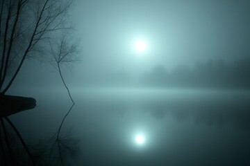 Fototapeta premium Serene Foggy Lake at Dawn - A tranquil scene of a misty lake at sunrise, with bare trees reflected in the still water. The sun is partially visible through the fog