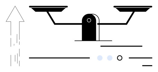 Balancing scale with two trays, upward arrow, and horizontal lines. Ideal for business growth, balance, legal fairness, equilibrium, financial analysis, progress, stability. Line metaphor