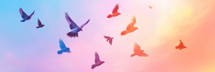 Naklejka premium Birds flying above a colorful sky during sunset over a tranquil landscape. Generative AI