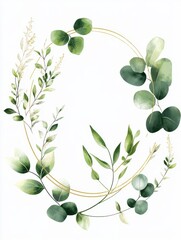 Obraz premium Luxury botanical gold wedding frame elements on white background. Set of circle shapes, glitters, eucalyptus leaves, leaf branches. Elegant foliage design for wedding, card, invitation, greeting.