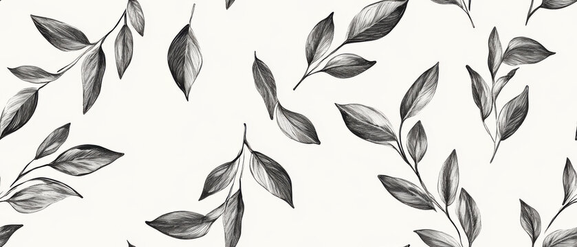 seamless pattern of hand drawn botanical leaves in monochrome, featuring detailed leaf illustrations on light background. design is elegant and natural, perfect for textiles or wallpapers