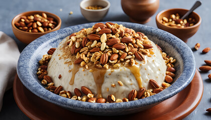 Fototapeta premium Nourishing Yogurt Bowl with Granola Nuts and Honey Drizzle