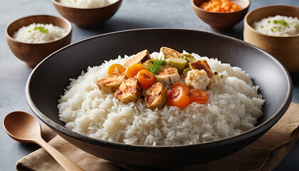 Delicious White Rice Bowl with Grilled Chicken and Vegetables