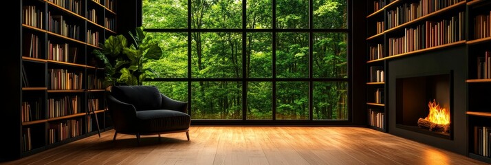 Serene Library with Forest View - A tranquil library featuring floor-to-ceiling bookshelves, a cozy armchair, a fireplace, and expansive windows showcasing a lush green forest