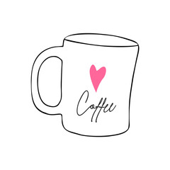 hand drawn black outline illustration of a coffee mug with a slightly curved body and a large handle. The mug features a pink heart above the word Coffee written in a stylish cursive font