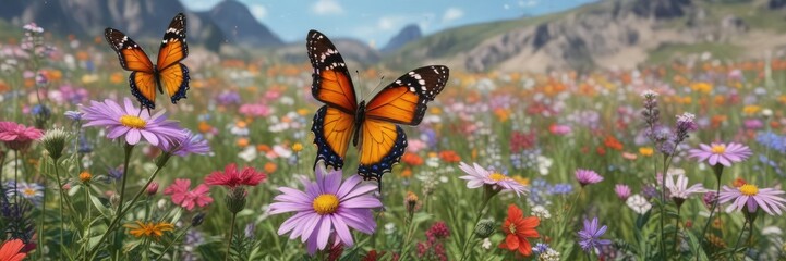Naklejka premium Vibrant wildflowers sway gently in the breeze as colorful butterflies flit about their delicate petals, summer, colorful wildflowers, scenery