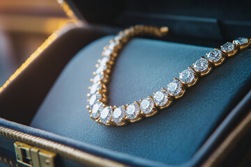 Elegant gold necklace adorned with sparkling diamonds displayed in luxurious velvet jewelry box perfect for special occasions and investments in fine adornment