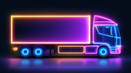 Neon truck with glowing lights on a dark background.