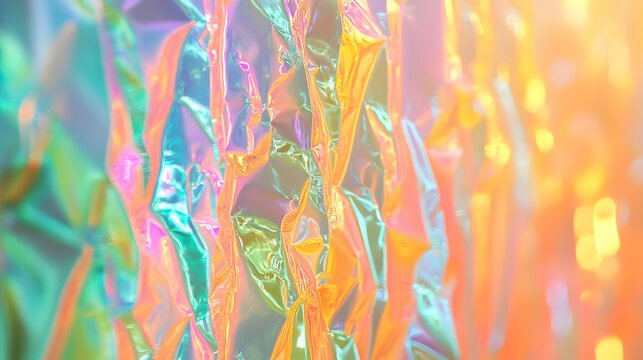 Abstract of the reflection on plastic wrap, with vibrant holographic colors and intricate patterns