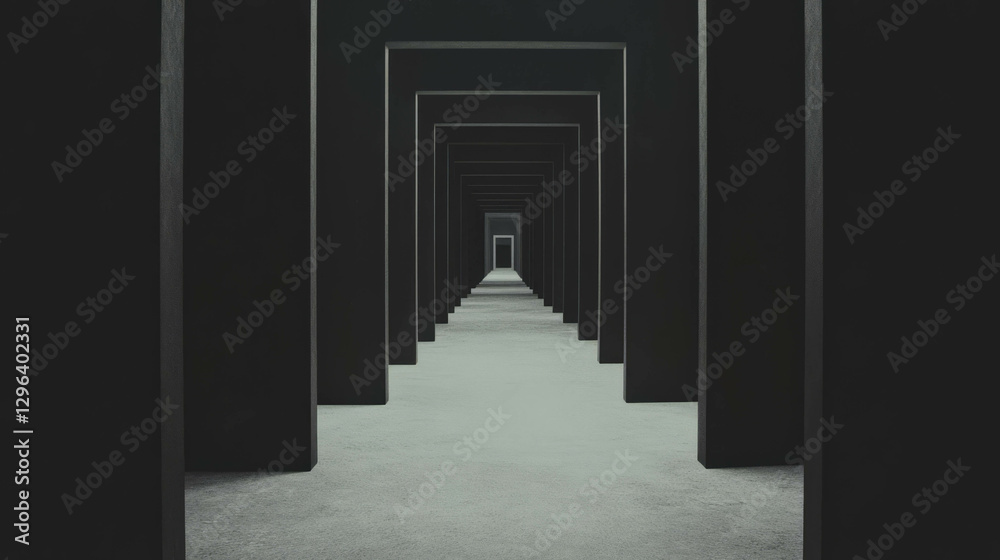 Poster Surreal infinite corridor with repeating doorways in empty rooms for artistic design or background