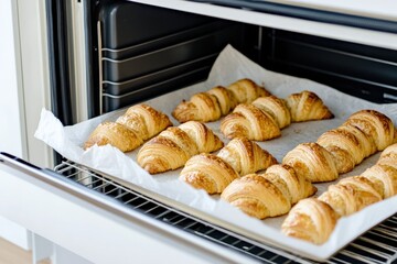 Freshly baked golden croissants cooling in the oven on a baking tray, showcasing delicious pastry texture and perfect shape, baking concept