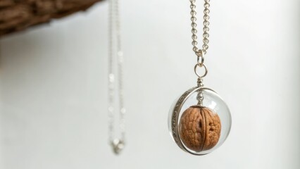 Walnut-shaped glass pendant hung from delicate chain, minimalist jewelry, lustrous glass