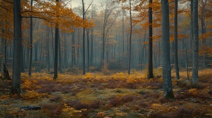 Fototapeta premium Misty autumn forest with golden foliage.