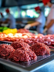 Freshly prepared ground beef patties on a grill station with vibrant vegetables in the background showcasing a lively cooking atmosphere healthy cooking concept
