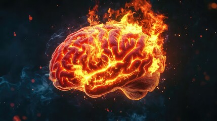 Fototapeta premium Mental strain and intense focus illustrated by a fiery human brain, suggesting stress-related cognitive functions.