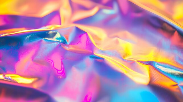 Abstract of the reflection on plastic wrap, with vibrant holographic colors and intricate patterns