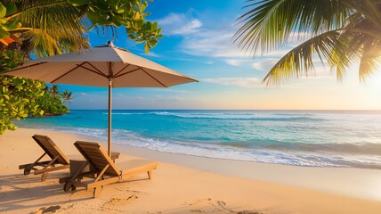 Tropical Beach Paradise with Lounge Chairs and Umbrella Overlooking Turquoise Ocean