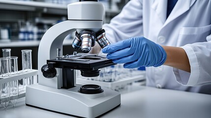 Scientist in white coat conducts research using microscope while holding a lens with blue-gloved hand in a laboratory environment