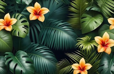 Fototapeta premium Background with tropical leaves and exotic flowers. A lush and exotic botanical composition, perfect for branding, packaging, textiles and web design. A banner with tropical green leaves.