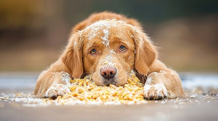 Obraz premium A golden retriever dog with a white nose and mouth, covered in corn kernels, lays on the ground.