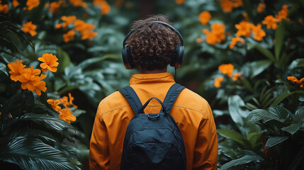 Fototapeta premium Young Man in Yellow Jacket with Headphones Walking Through Lush Jungle with Orange Flowers 