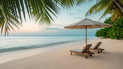 Tropical Beach Paradise with Lounge Chairs and Umbrella Overlooking Turquoise Ocean