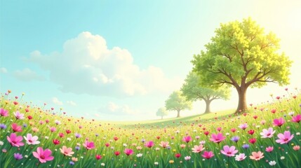 Serene Meadow Landscape Vibrant Wildflowers Blossom Under a Sunny Sky, Framed by Lush Green Trees in a Picturesque Pastoral Setting