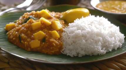 An enticing serving of Indian Rice and Mango Curry. This healthy meal is a staple in many Indian households, offering rich flavors and spices from South Asia.