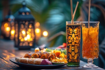Food and drinks arranged on table, possibly for a social event or casual dining experience. Includes Middle Eastern cuisine, vegetarian option, and various beverages.