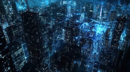 Obraz premium Night city digital network aerial view