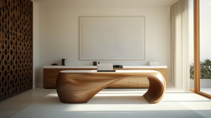 A modern, minimalist interior featuring a unique wooden table, sleek furniture, and large windows that invite natural light.