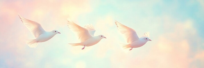 Fototapeta premium White birds soar through a pastel sky during a serene early morning. Generative AI