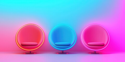 A vibrant image featuring three modern chairs in pink, blue, and red hues, illuminated by colorful lighting against a soft gradient background.