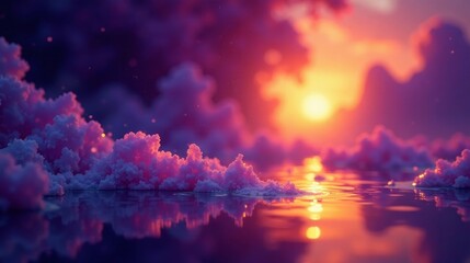 Serene Sunset Reflection on a Still, Pink-Hued Water Surface with Fluffy Formations