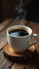 Steaming black coffee in white mug, rustic wood , breakfast, dark