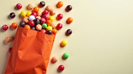 A vibrant collection of multicolored candy spheres spills from an orange fabric bag onto a pale yellow surface, creating a playful and sweet composition.