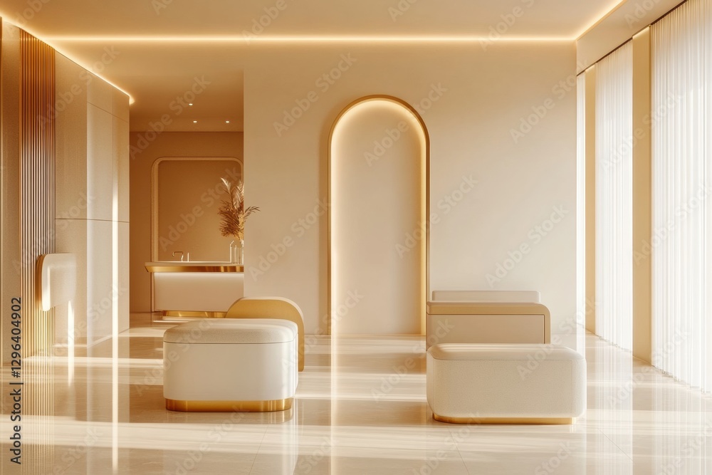 Poster elegant modern interior design featuring minimalist furniture and soft lighting in a spacious room. 