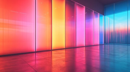 A modern architectural interior with colorful illuminated glass panels
