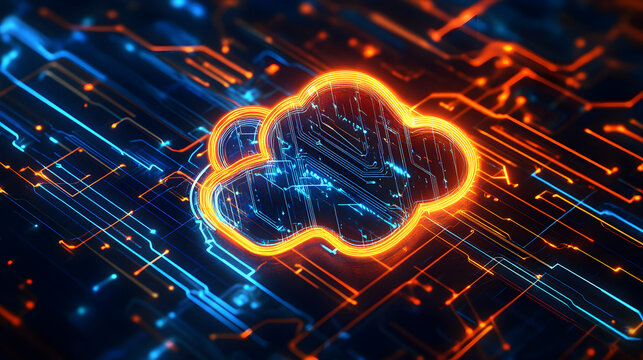 computing background with neon circuits and a glowing cloud icon 