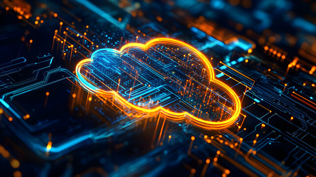computing background with neon circuits and a glowing cloud icon 