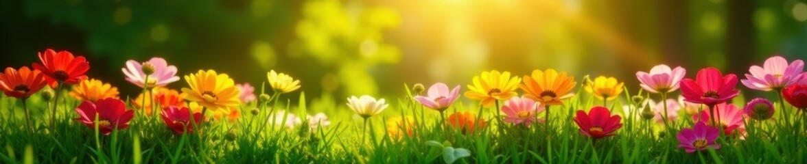 Fototapeta premium Sun-drenched flowerbeds, green grass, summer abundance, day, photography