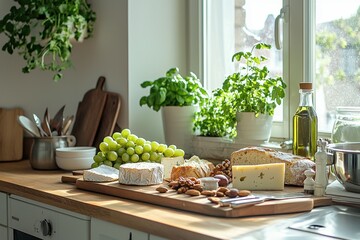 A kitchen counter filled with various types of cheese, grapes, nuts, and a freshly baked loaf of bread, creating a cheese board setup