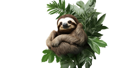 Obraz premium Sloth Hanging in Tropical Foliage: A charming sloth with a gentle smile clings to lush tropical foliage, radiating a sense of tranquility and calm.