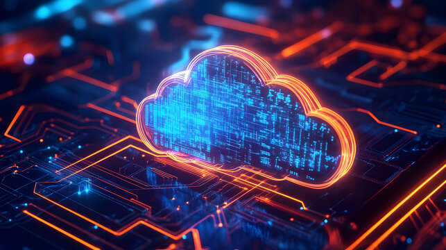 computing background with neon circuits and a glowing cloud icon 