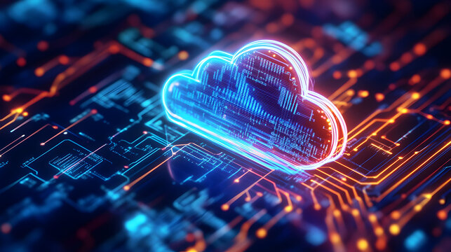 computing background with neon circuits and a glowing cloud icon 