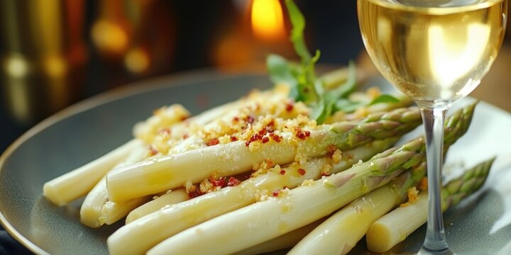 Fancy food, asparagus with cheese and pepper on plate with wine glass