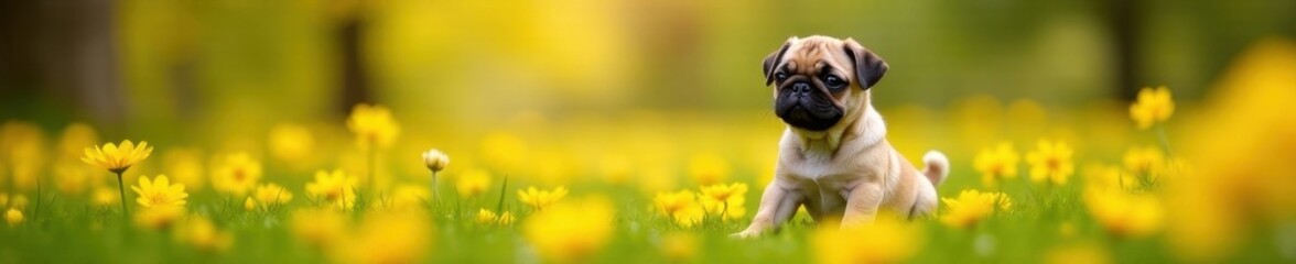 Fototapeta premium Tiny pug amidst vibrant yellow blooms, serene scene , floral, lying